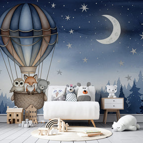 Nocturnal animal adventure wallpaper with owl fox and bear in hot air balloon