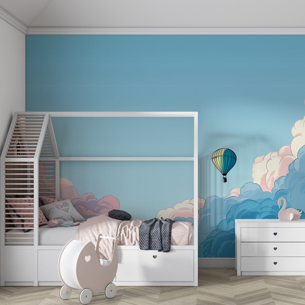 Pastel hot air balloon wallpaper transforming toddler room into sky adventure space