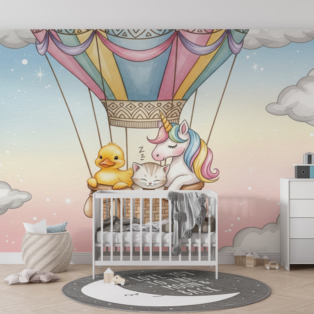 Whimsical hot air balloon wallpaper transforming toddler room into magical sky adventure