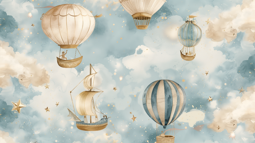 Dreamy Hot Air Balloons and Sailing Ship Wall Mural