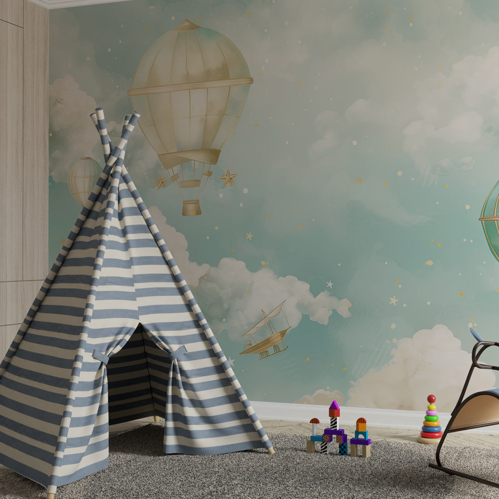 Kids-Mundo balloon sky wall mural styled in a children's bedroom with gentle blue and gold tones.