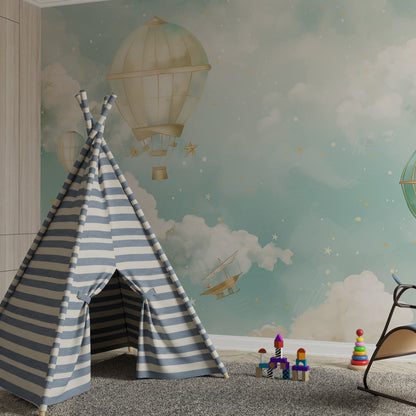 Kids-Mundo balloon sky wall mural styled in a children's bedroom with gentle blue and gold tones.