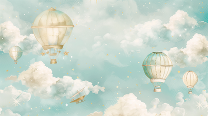 Kids-Mundo flat artwork of pastel hot air balloons, clouds and stars used for this made-to-measure wall mural.