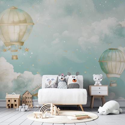 Kids-Mundo hot air balloon wallpaper mural brightening a playroom feature wall with clouds and stars.