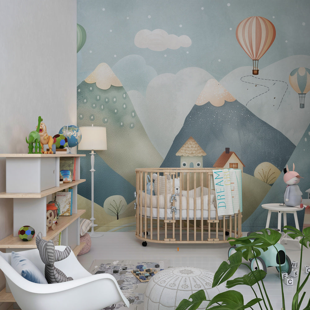 Pastel hot air balloon wall mural styled on a kids bedroom wall by Kids-Mundo