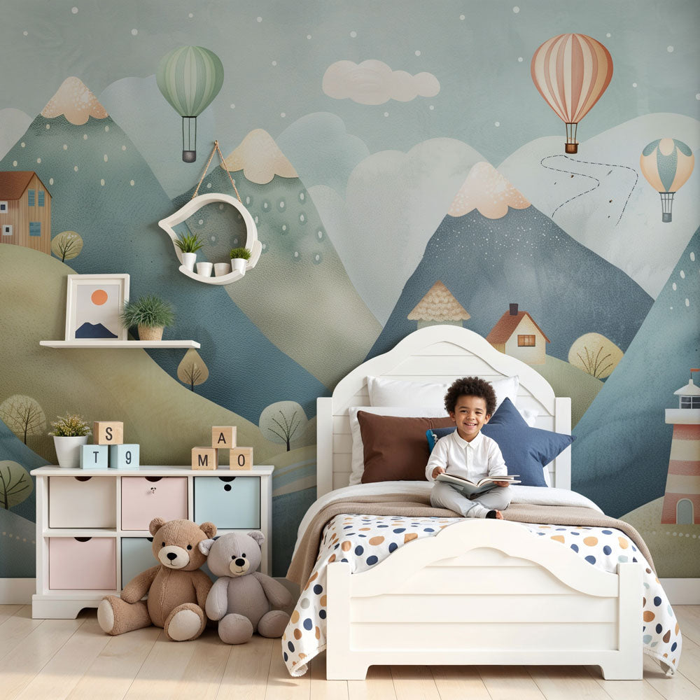 Hot air balloon mountain village wall mural made to measure for a nursery, Kids-Mundo