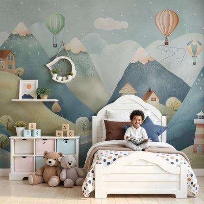 Hot air balloon mountain village wall mural made to measure for a nursery, Kids-Mundo
