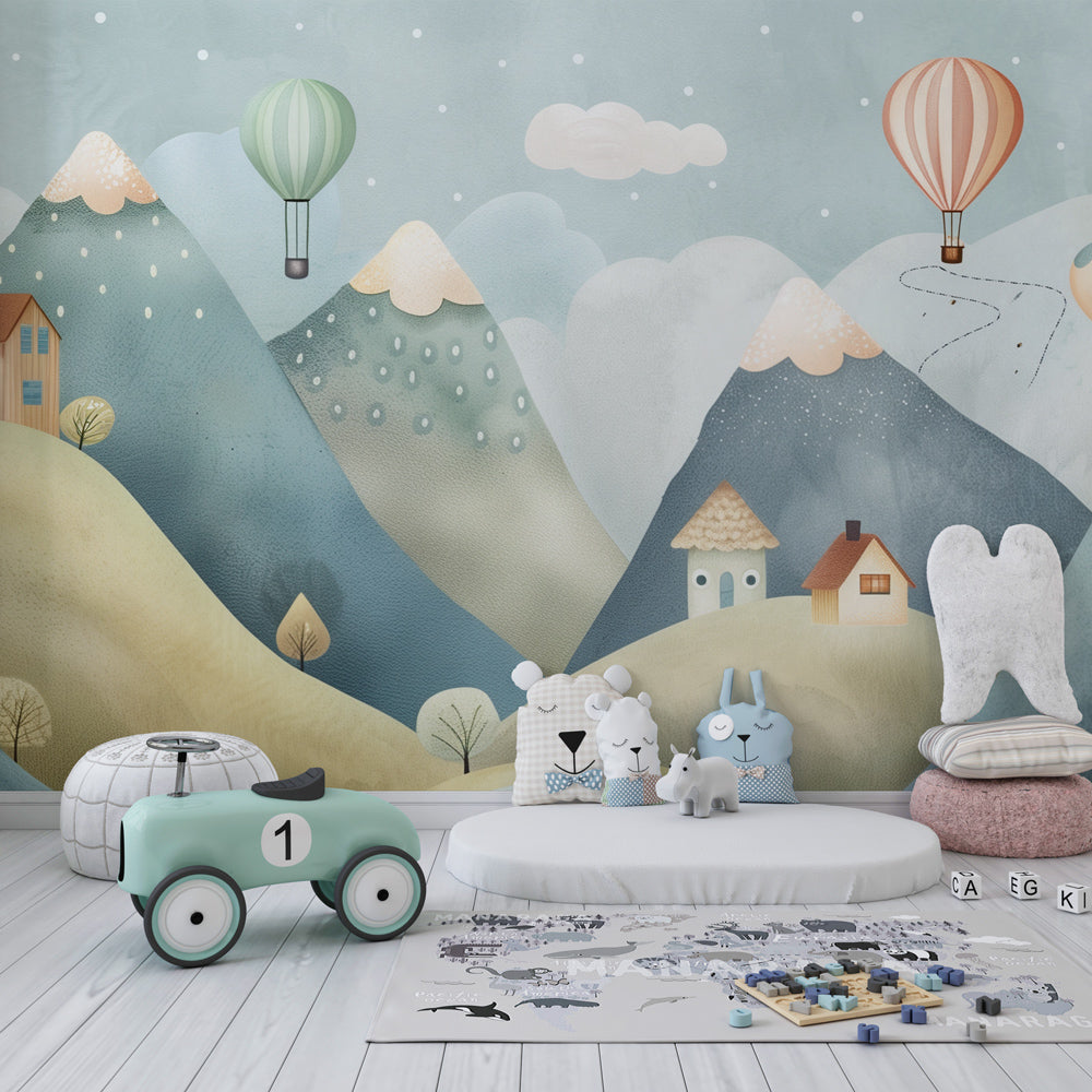 Mountain village wall mural with hot air balloons in a playroom, Kids-Mundo