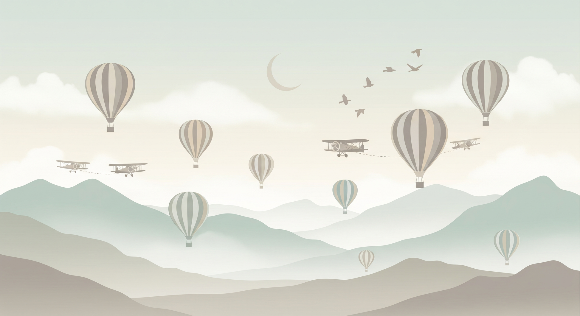 Kids-Mundo flat artwork of hot air balloons, biplanes and birds crossing a soft sage mountain sky