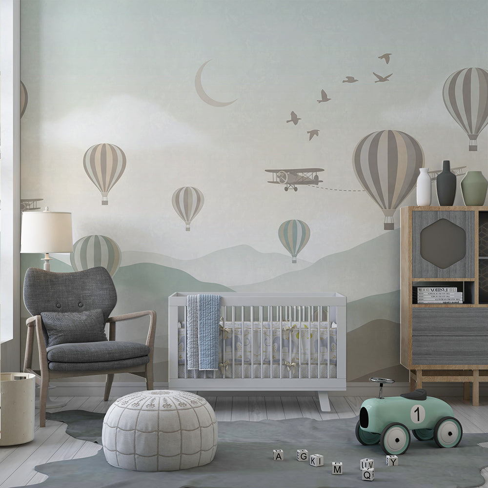 Kids-Mundo hot air balloon sky wall mural with biplanes and birds in a bright children's playroom