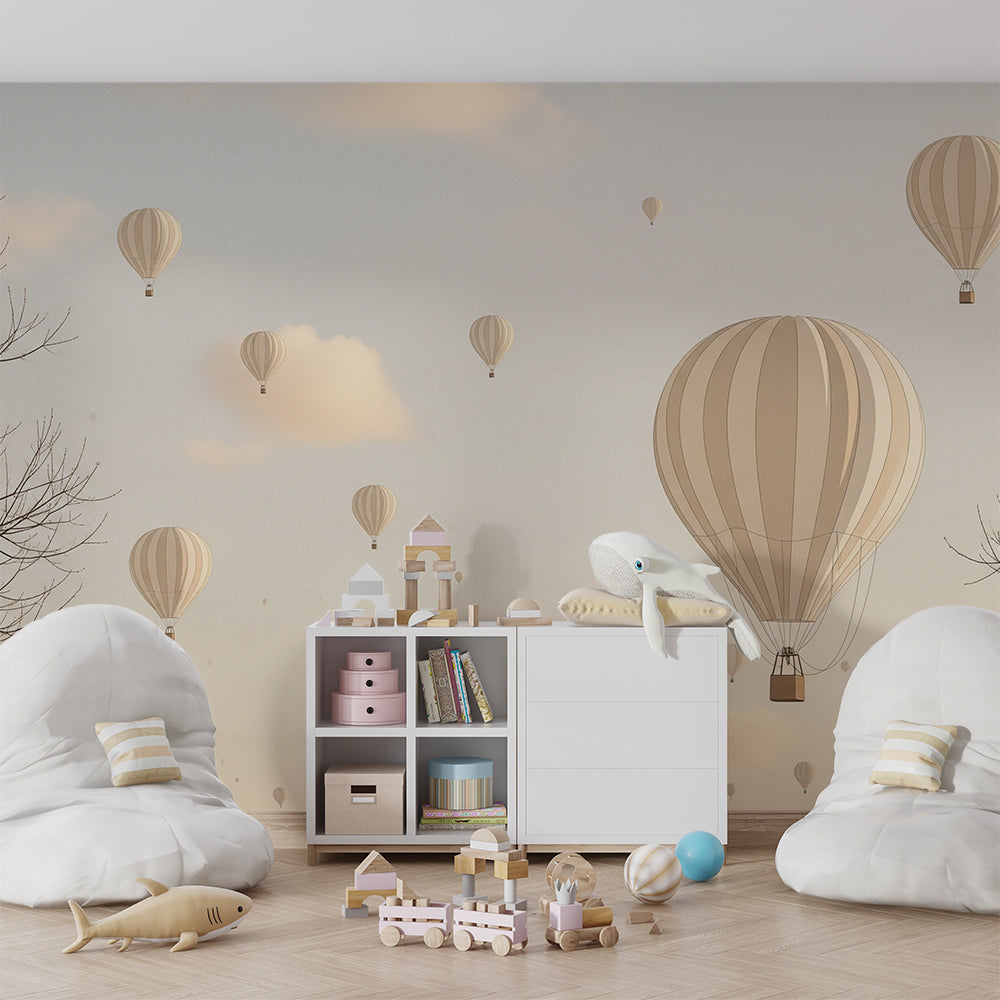 Kids-Mundo pastel sky balloon wall mural decorating a child's bedroom wall
