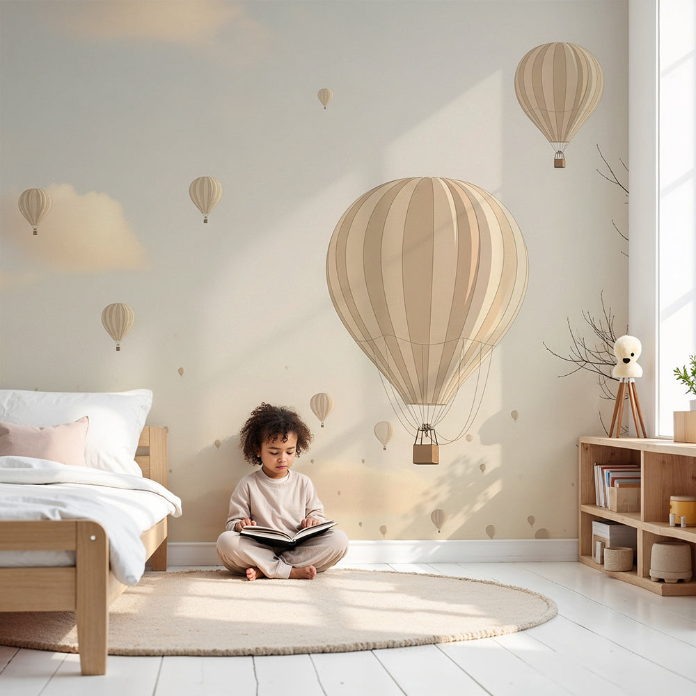 Kids-Mundo hot air balloon wall mural styled in a soft, gentle pastel nursery