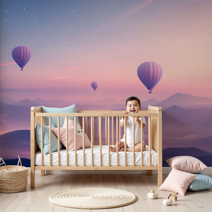 Kids-Mundo hot air balloon wall mural in dreamy pastel tones, made to measure for a nursery.
