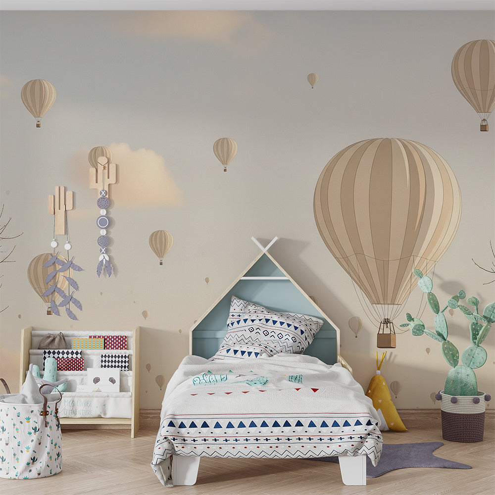 Kids-Mundo hot air balloon wall mural brightening a calm children's playroom