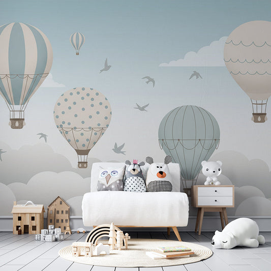 Hot air balloons wall mural by Kids-Mundo on a feature wall in a child's bedroom.