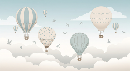 Flat artwork preview of the Kids-Mundo hot air balloons wall mural design in soft pastels.