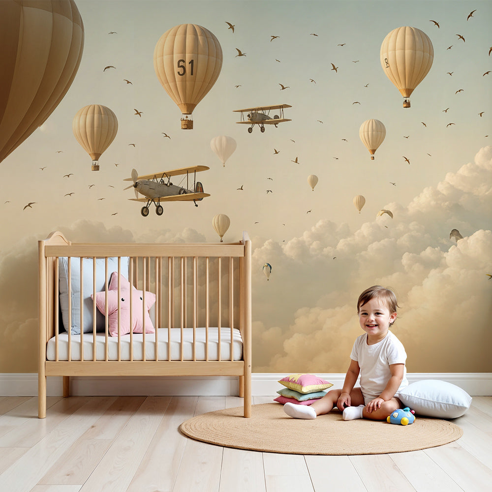 Kids-Mundo hot air balloon wall mural styled behind a cot in a warm, cosy nursery