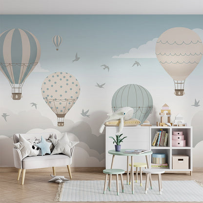 Kids-Mundo hot air balloons wall mural bringing gentle adventure to a playroom wall.