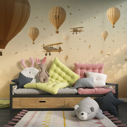 Kids-Mundo hot air balloon wall mural covering a wall in a whimsical children's playroom