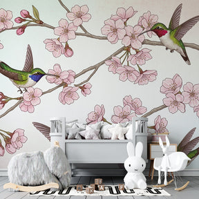Nature-themed hummingbird wallpaper creating serene children's bedroom atmosphere