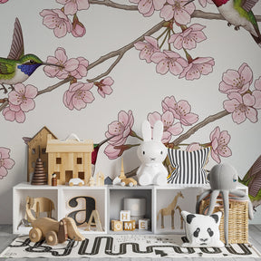 Cherry blossom hummingbird mural wallpaper transforming kids playroom into garden paradise