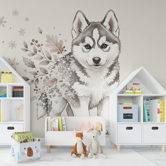 Kids-Mundo husky puppy wall mural covering a feature wall in a kids bedroom