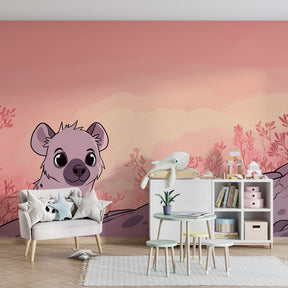 Wildlife themed mural wallpaper transforming kids playroom with warm sunset colors