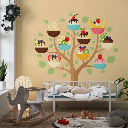 Kids-Mundo colourful dessert tree mural covering a feature wall in a kids bedroom