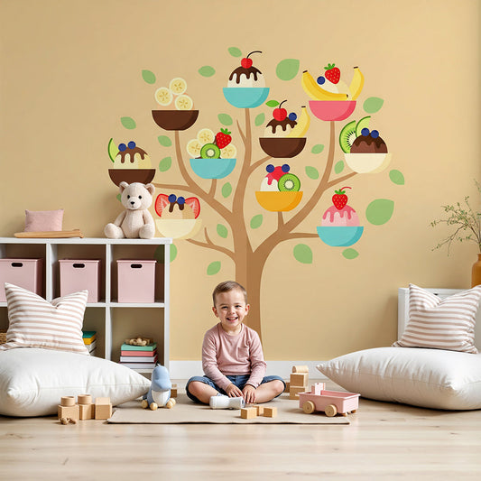 Kids-Mundo ice cream tree wall mural styled in a warm, sunny children's nursery