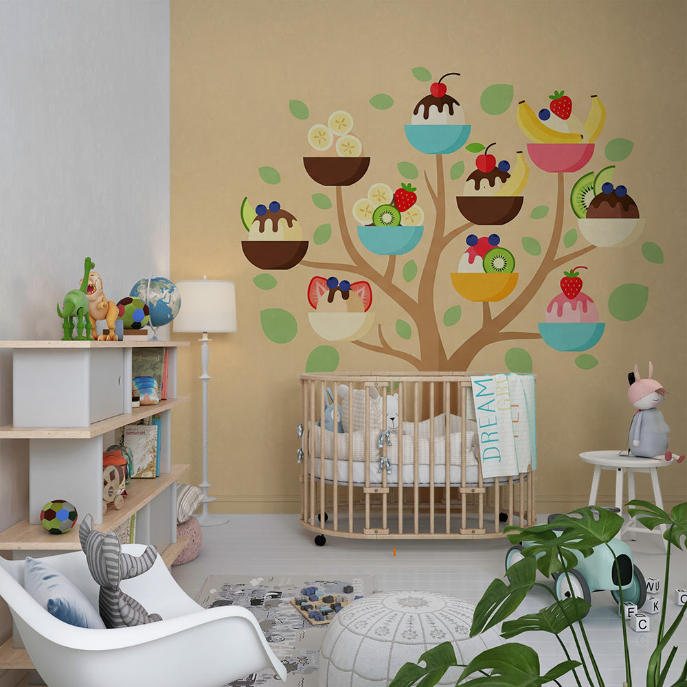 Kids-Mundo whimsical ice cream tree wall mural set above toy shelving in a playroom