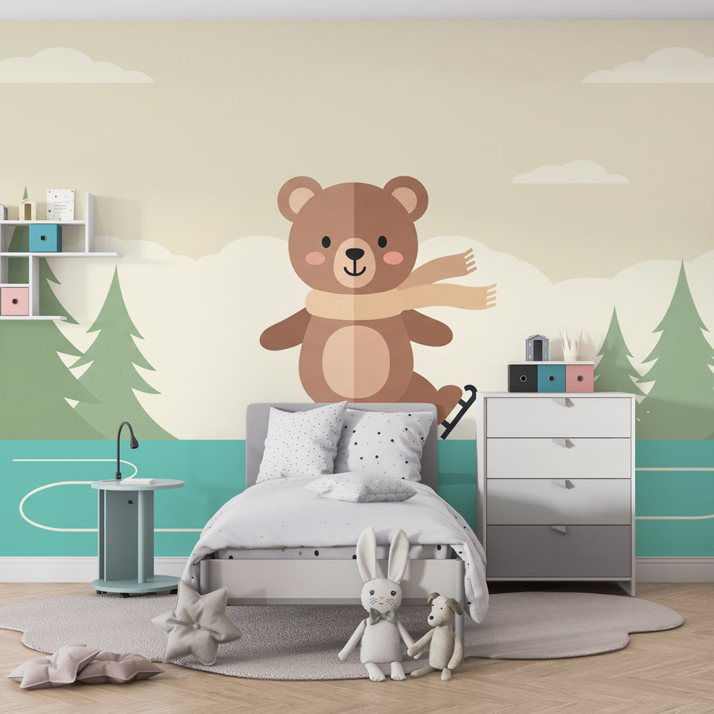 Winter wonderland bear wallpaper transforming children's bedroom with cozy atmosphere