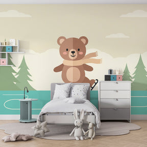Winter wonderland bear wallpaper transforming children's bedroom with cozy atmosphere