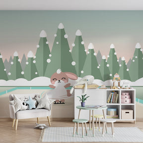 Winter bunny wallpaper creating magical children's bedroom decor with snowy forest scene