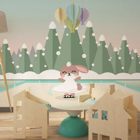 Adorable skating rabbit mural wallpaper transforming kids playroom into winter wonderland