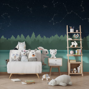 Starry night ice skating wallpaper creating magical atmosphere in kids bedroom decor