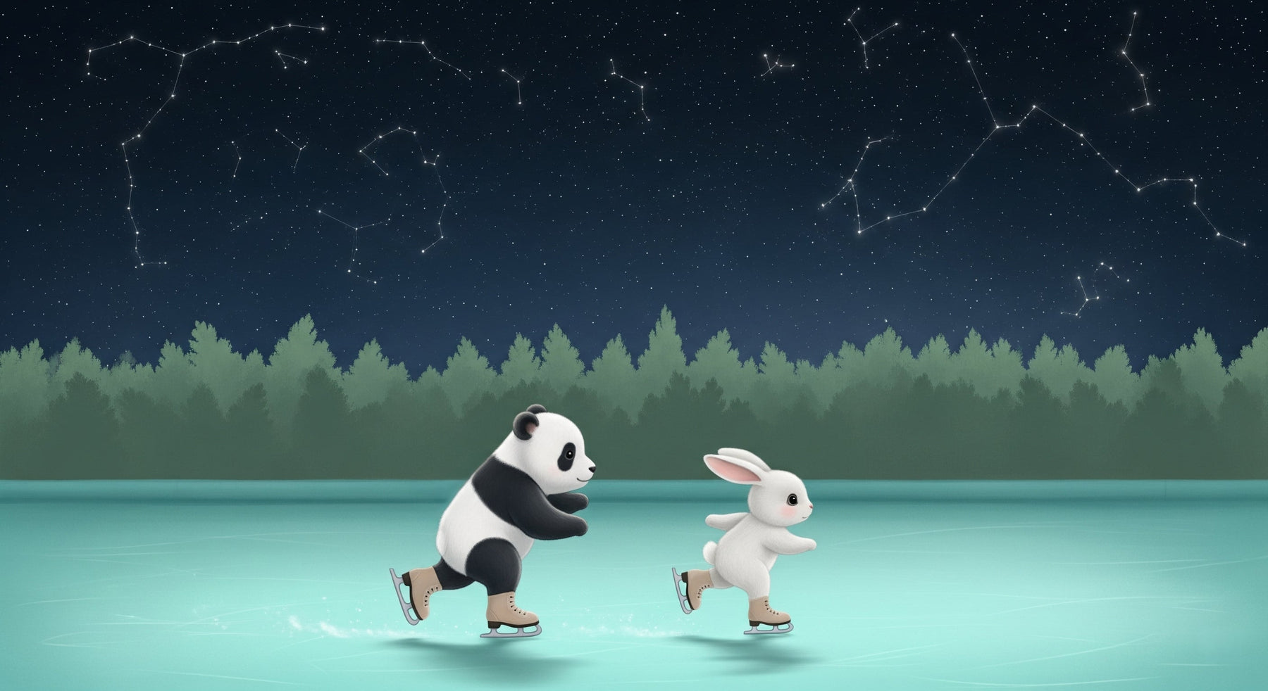 Detailed ice skating panda rabbit starry night mural wallpaper design pattern by Kids-Mundo