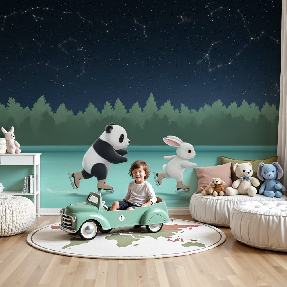 Ice skating panda and rabbit mural wallpaper in modern nursery room by Kids-Mundo