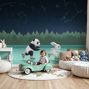 Ice skating panda and rabbit mural wallpaper in modern nursery room by Kids-Mundo
