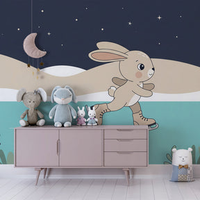 Winter wonderland rabbit wallpaper creating magical kids bedroom decor with soft lighting