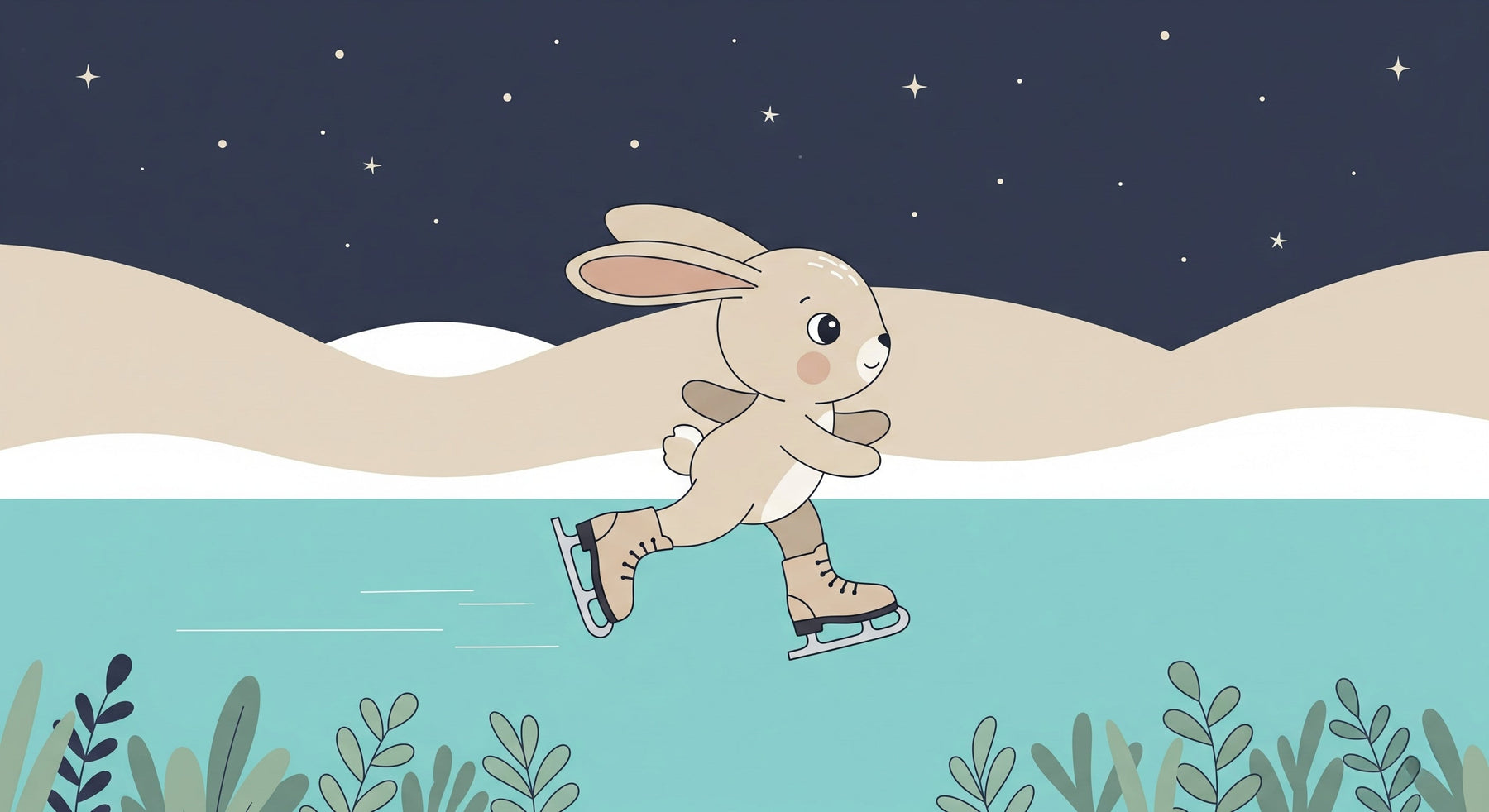 Detailed ice skating rabbit mural wallpaper design pattern with starry sky by Kids-Mundo