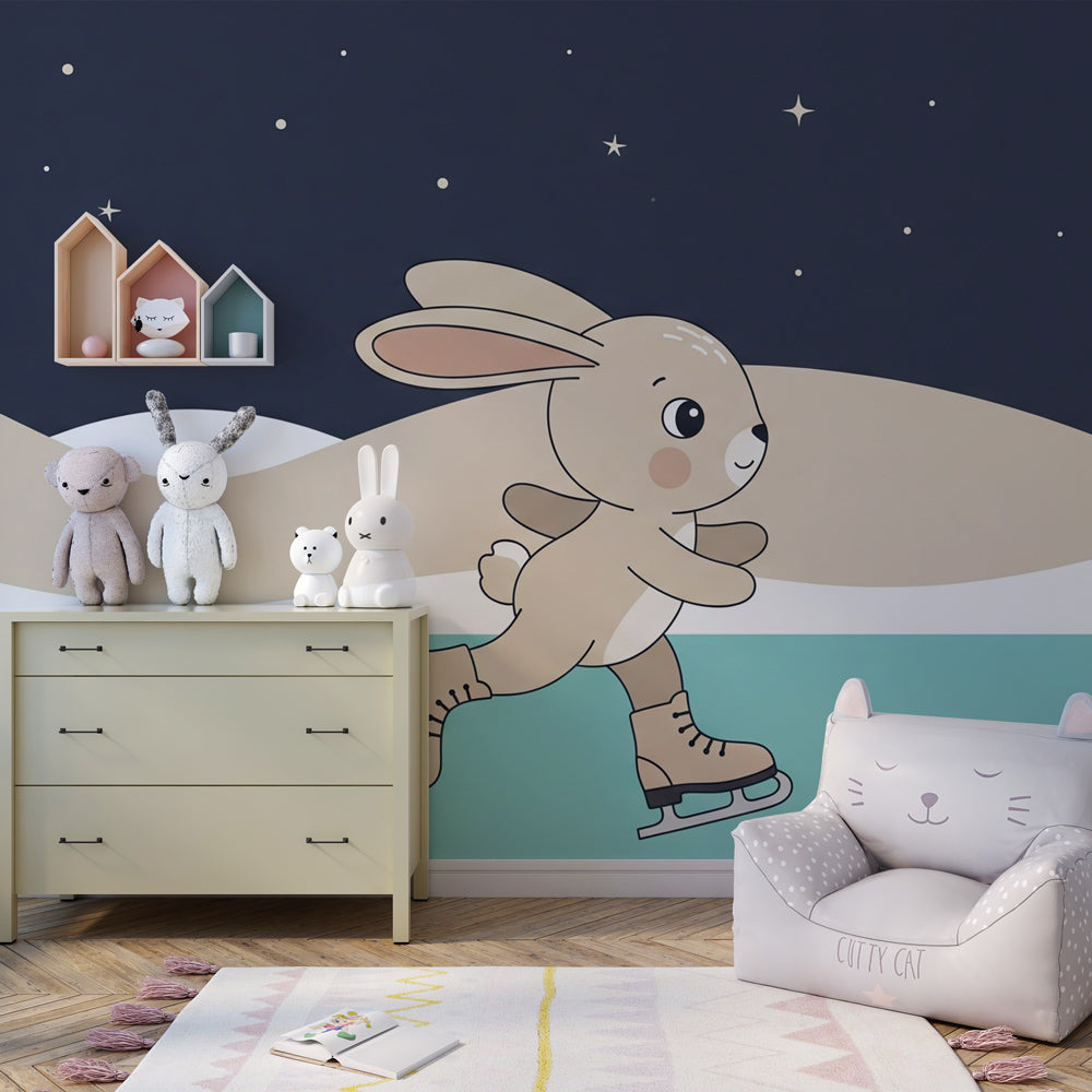 Whimsical rabbit ice skating wallpaper transforming children's playroom into winter adventure
