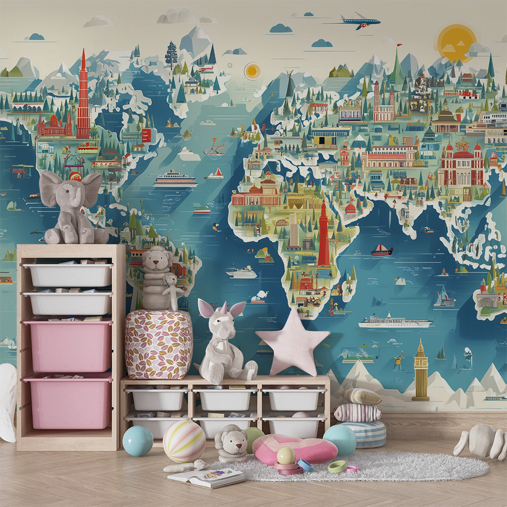 Illustrated world map wall mural by Kids-Mundo covering a feature wall in a kids bedroom
