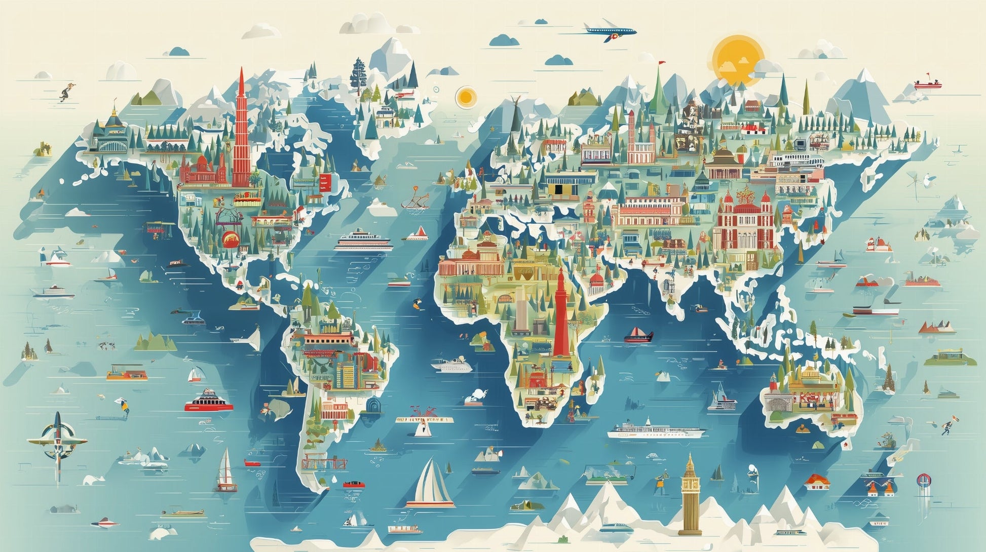 Flat artwork of the Kids-Mundo illustrated world map design showing landmarks and sailing boats