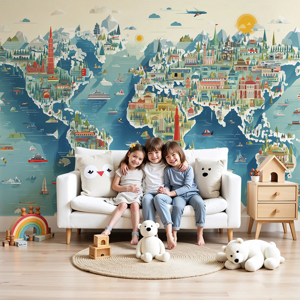 Kids-Mundo illustrated world map wall mural with landmarks and boats above a nursery cot