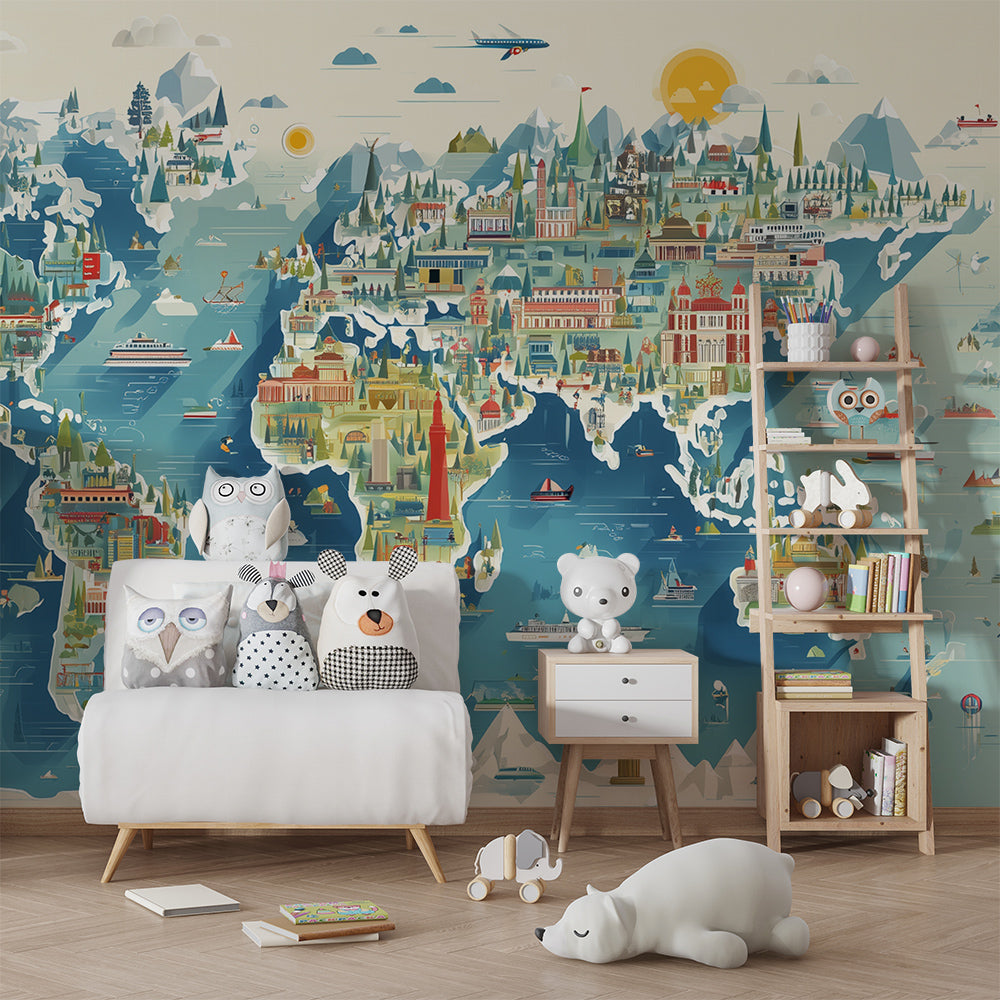 Kids-Mundo world map mural with towers and boats brightening a busy children's playroom