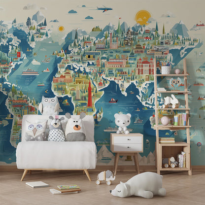 Kids-Mundo world map mural with towers and boats brightening a busy children's playroom