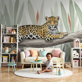 Jaguar jungle mural wallpaper creating adventurous kids bedroom decor by Kids-Mundo