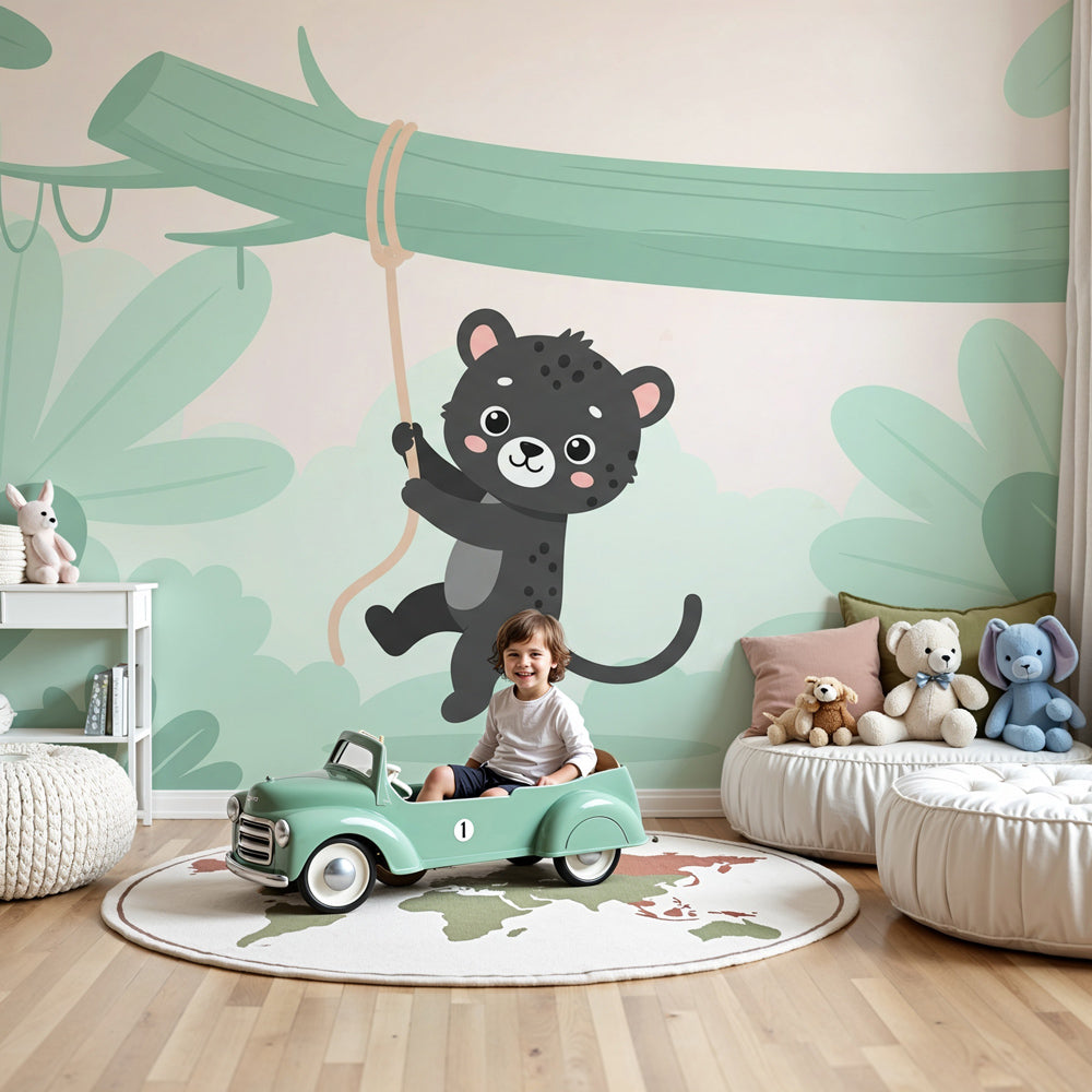 Playful jaguar jungle mural wallpaper in modern kids nursery by Kids-Mundo