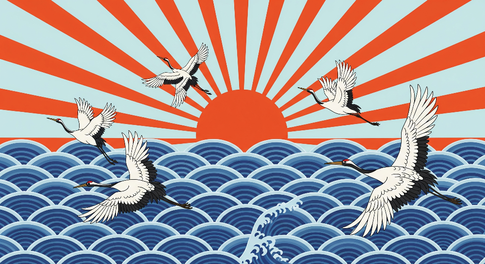 Japanese Cranes and Sunrise Waves Wall Mural