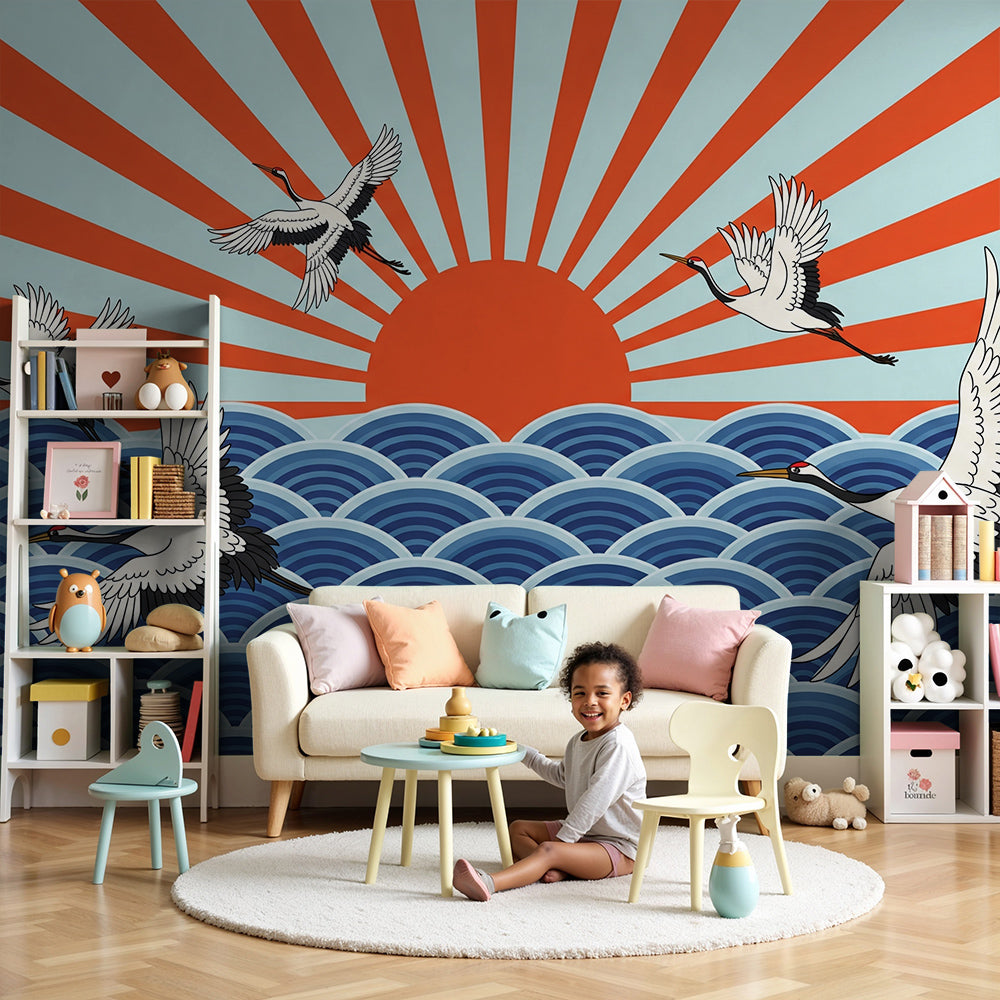 Kids-Mundo Japanese crane wall mural with sunrise waves mounted in a nursery